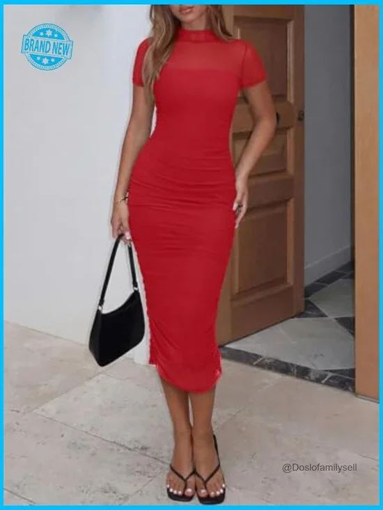 Sheer Mesh Midi Bodycon Dress Ruched Elegant Cocktail Evening Party Wear - Picture 4 of 7